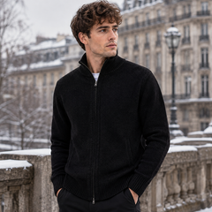 Gilet homme noir à maille texturée, col montant et fermeture zippée intégrale