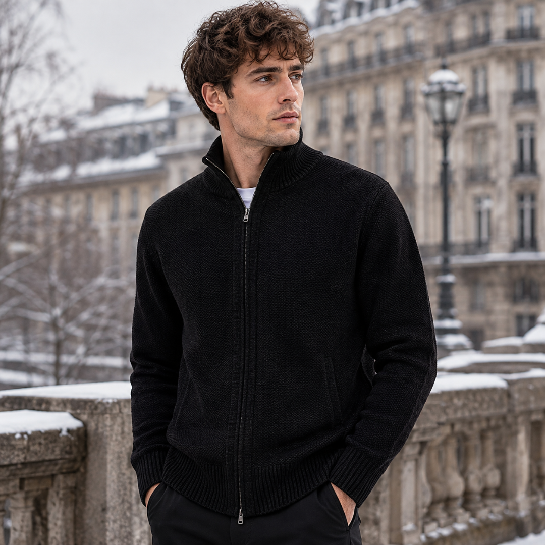 Gilet homme noir à maille texturée, col montant et fermeture zippée intégrale