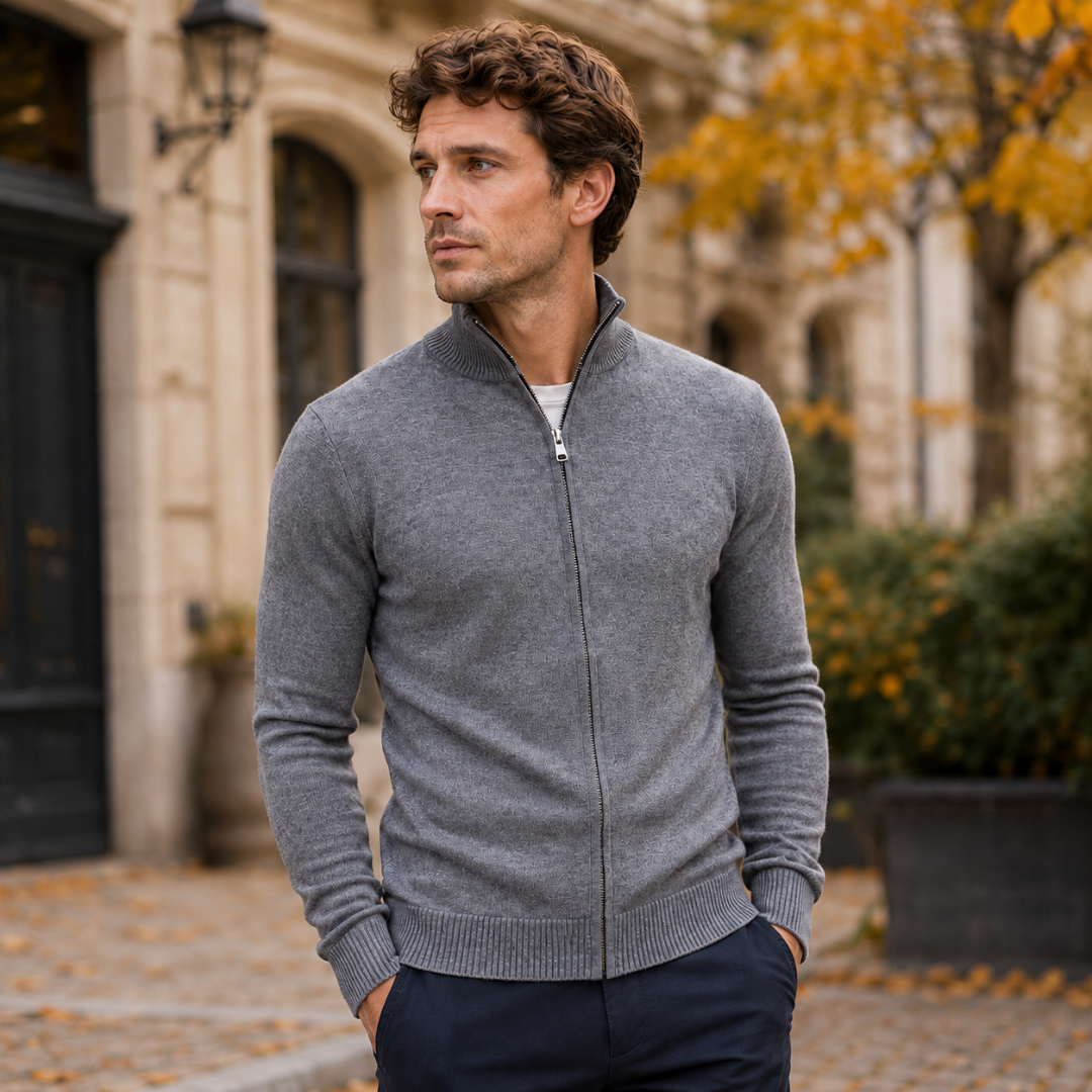 Gilet homme gris à fermeture à glissière, maille texturée et col montant