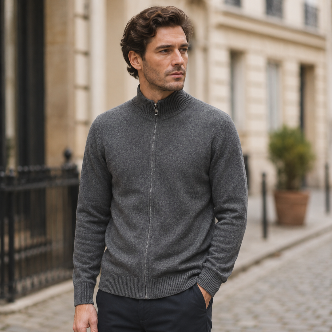 Gilet homme zippé gris chiné fermé, col montant et bas finition côtes