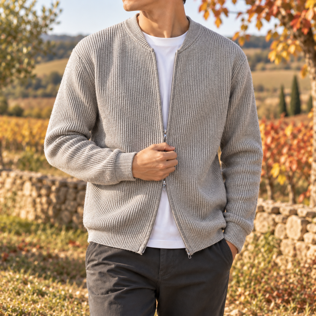 Gilet homme gris chiné en maille côtelée, zip central et manches longues