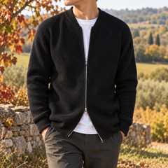 Gilet homme noir en maille côtelée avec zip argenté et col montant
