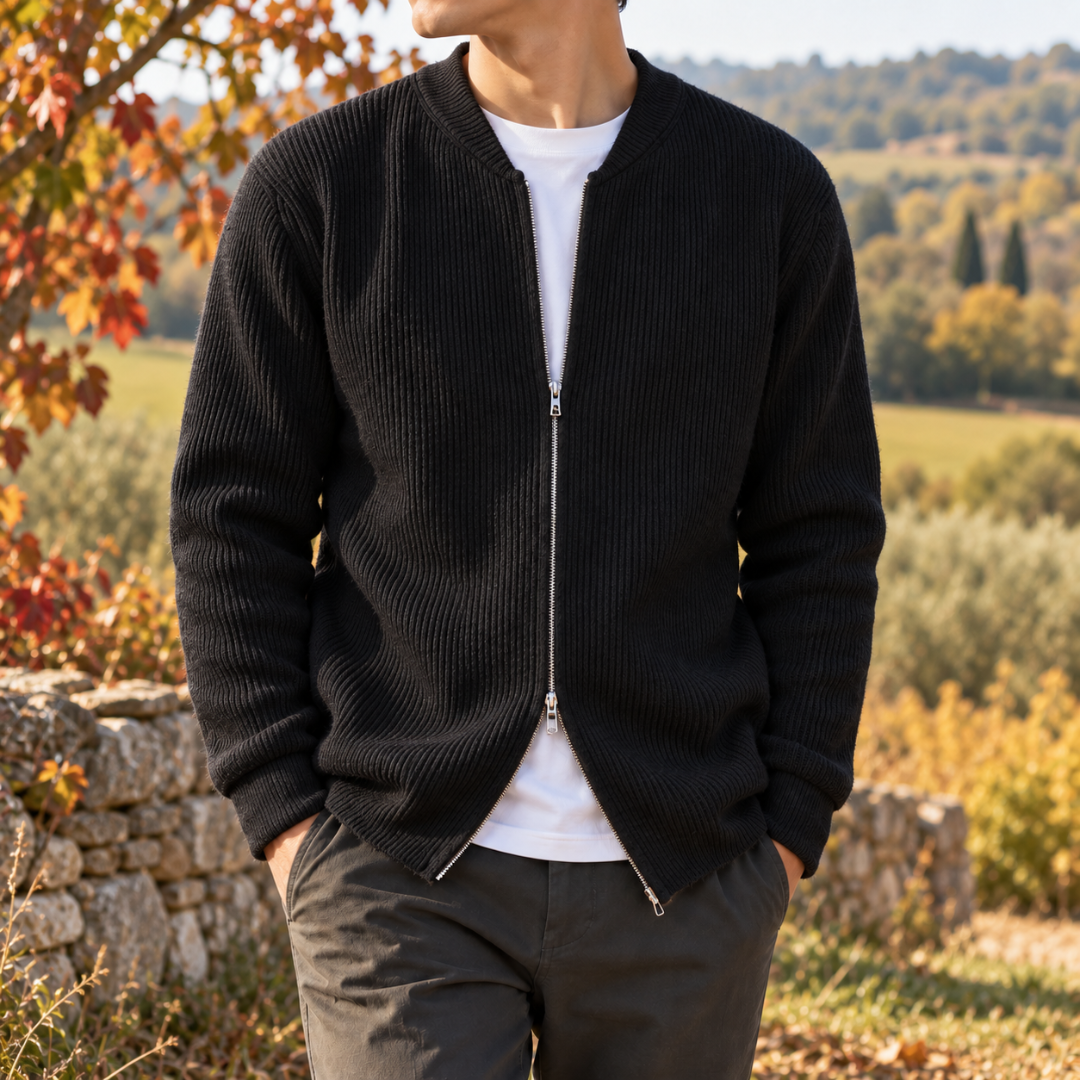 Gilet homme noir en maille côtelée avec zip argenté et col montant