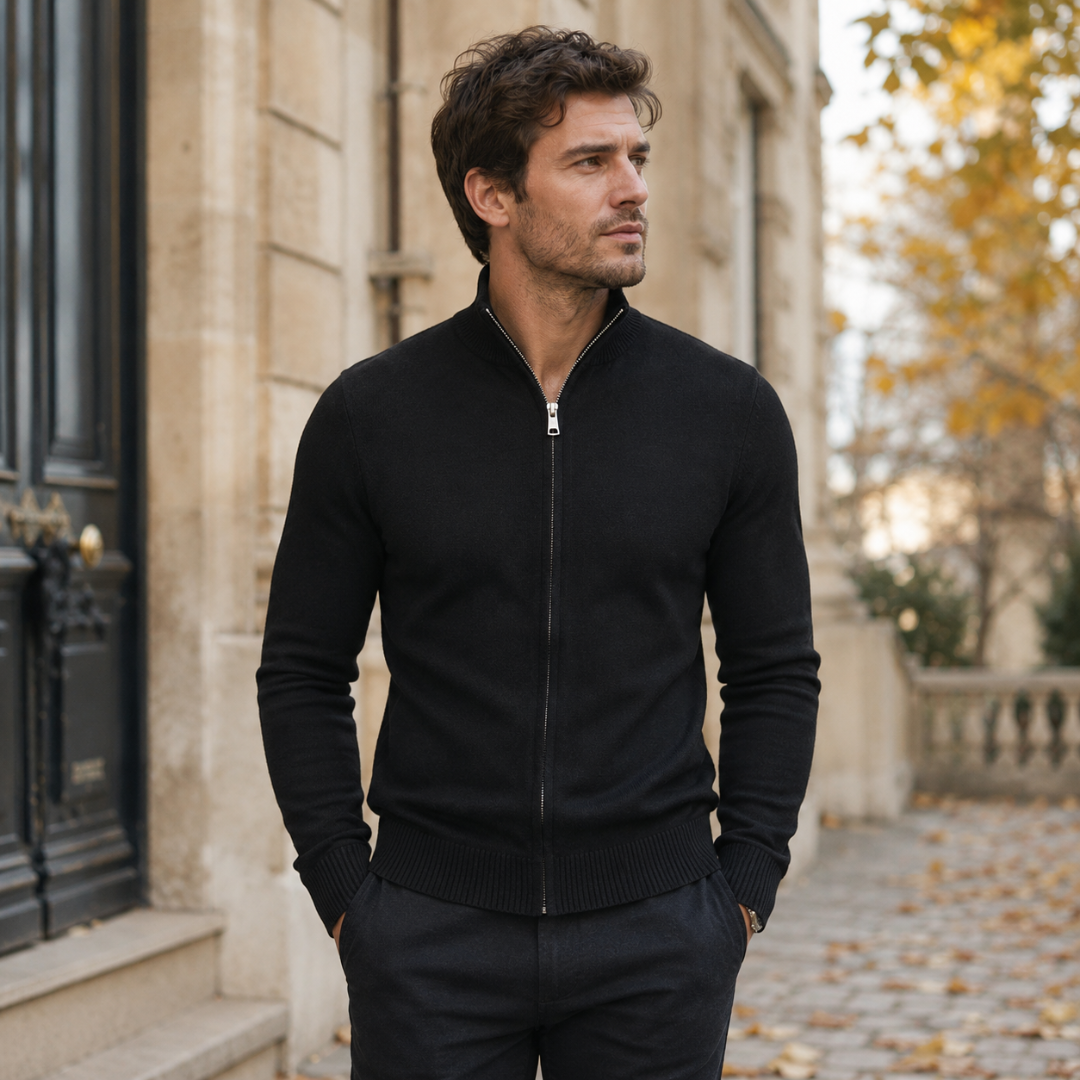 Gilet homme noir zippé, col montant droit et large bord côtes à la taille