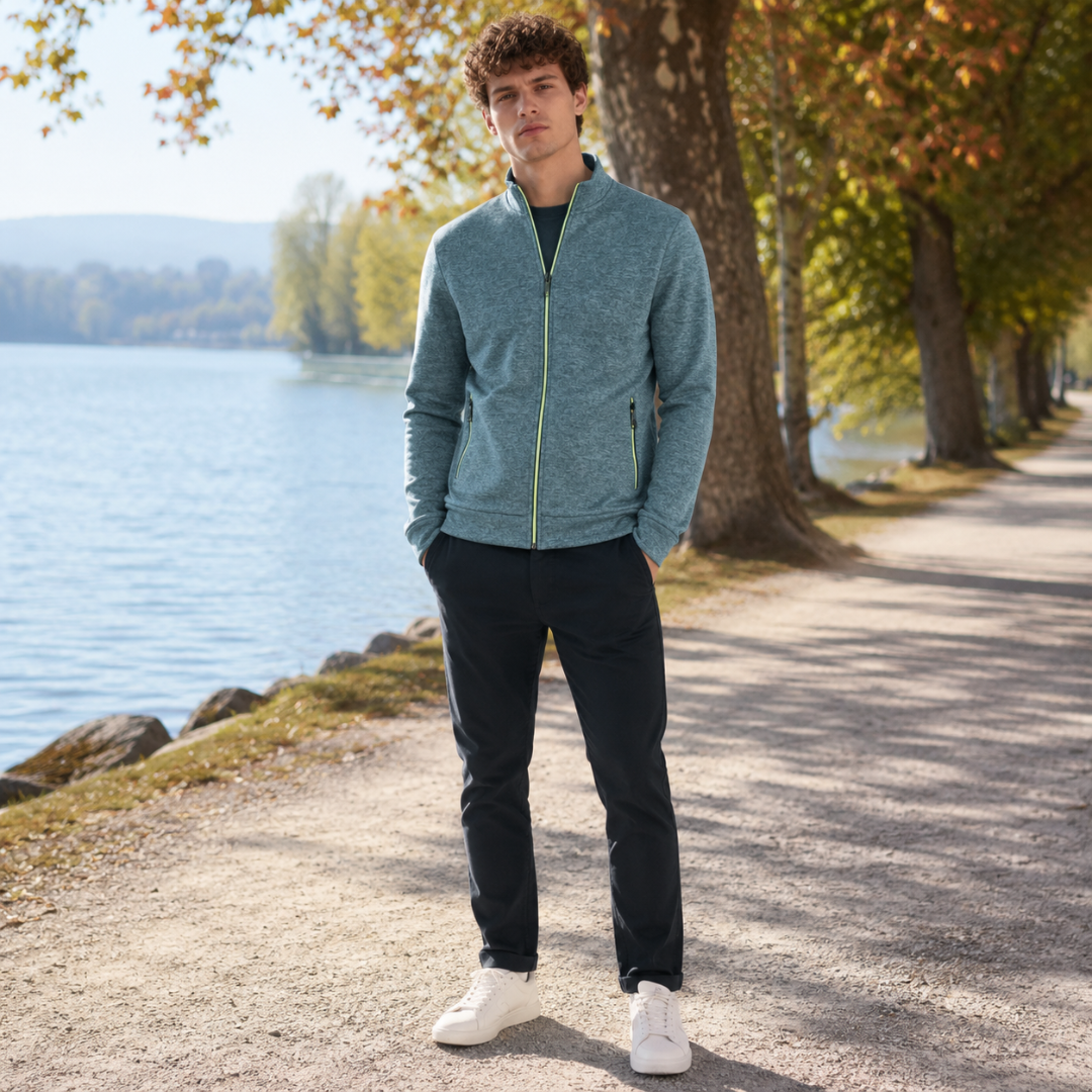 Gilet zippé homme bleu chiné avec fermeture contrastée et poches zippées