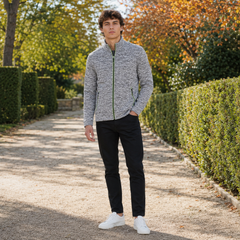 Gilet homme gris clair chiné à fermeture zippée verte et col montant