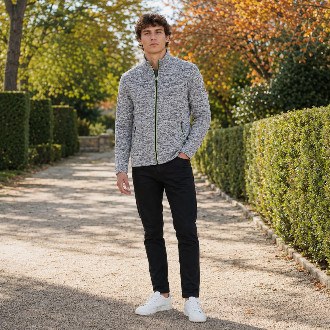 Gilet homme gris clair chiné à fermeture zippée verte et col montant