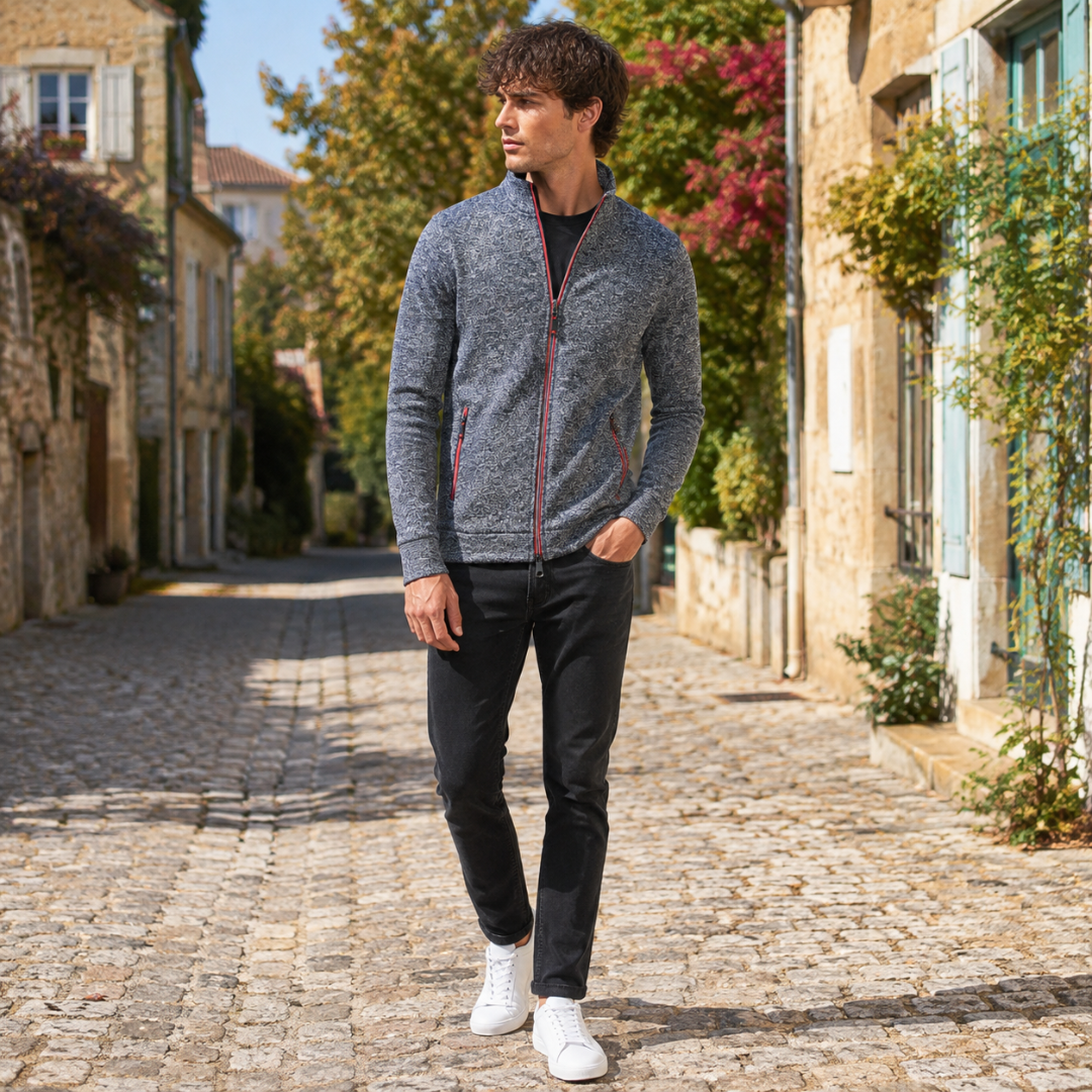 Gilet homme gris foncé imprimé avec fermeture et poches zippées rouges