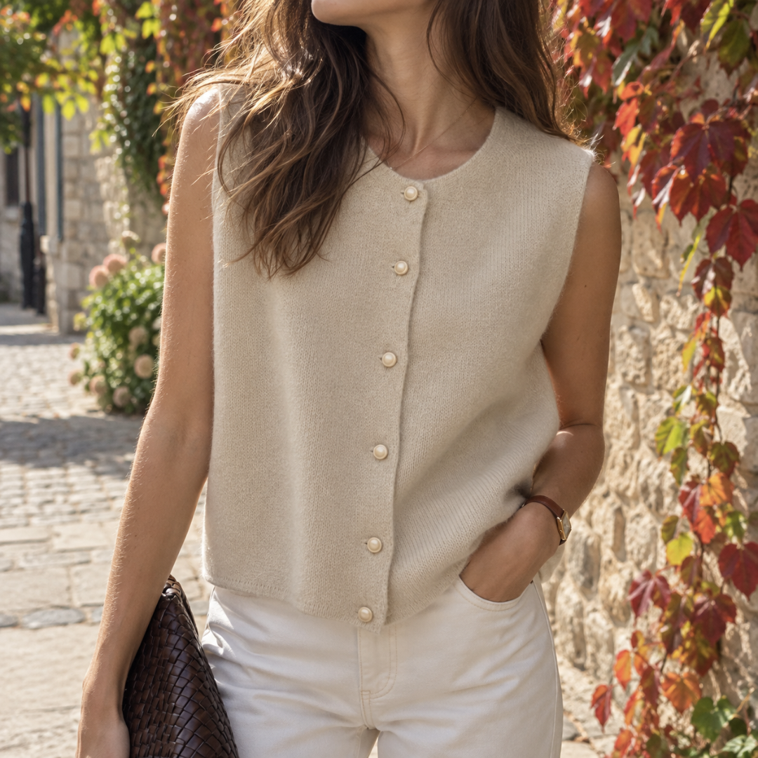 Gilet sans manches femme beige en maille avec rangée de boutons ronds