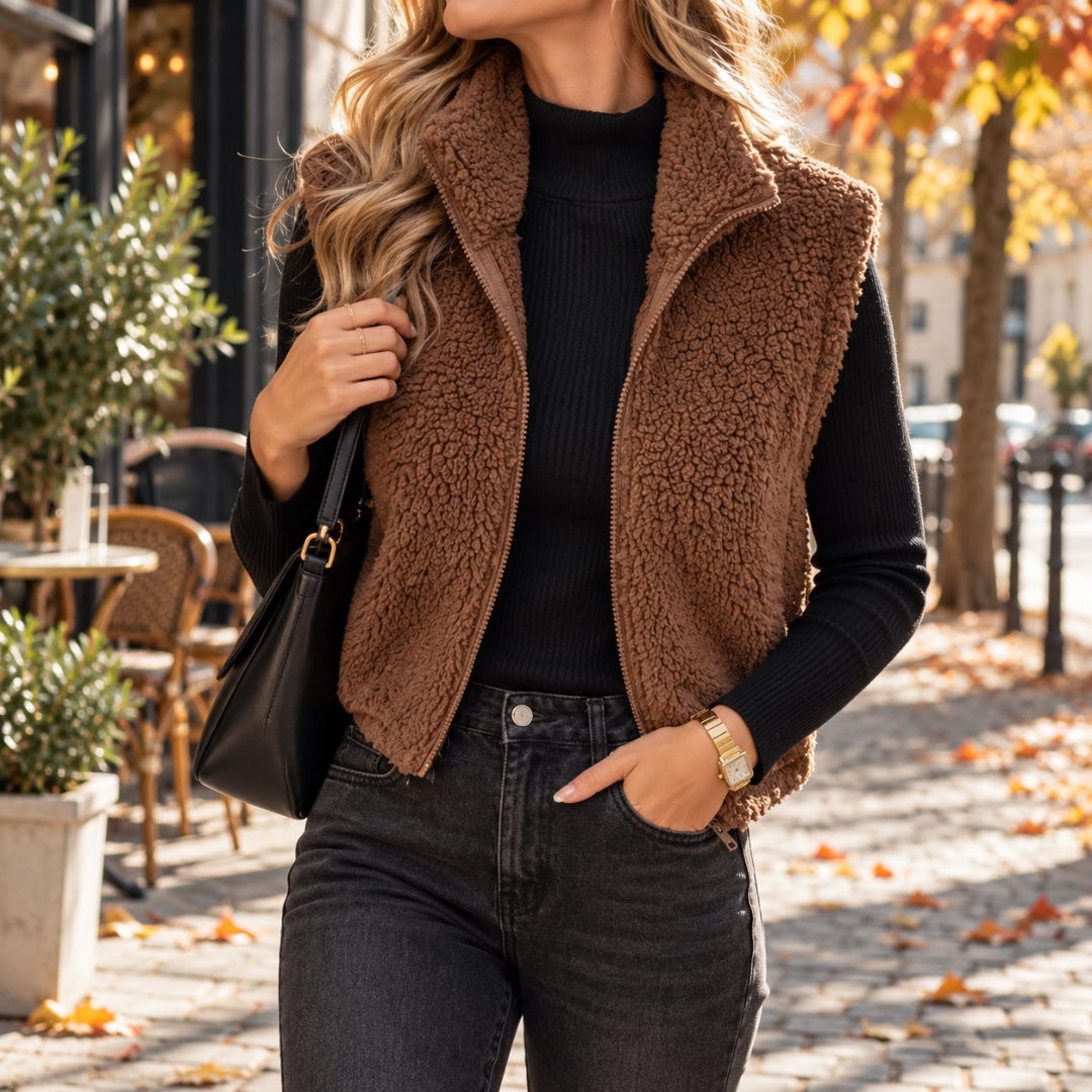 Gilet sans manches marron à col montant et fermeture zippée sur un pull noir