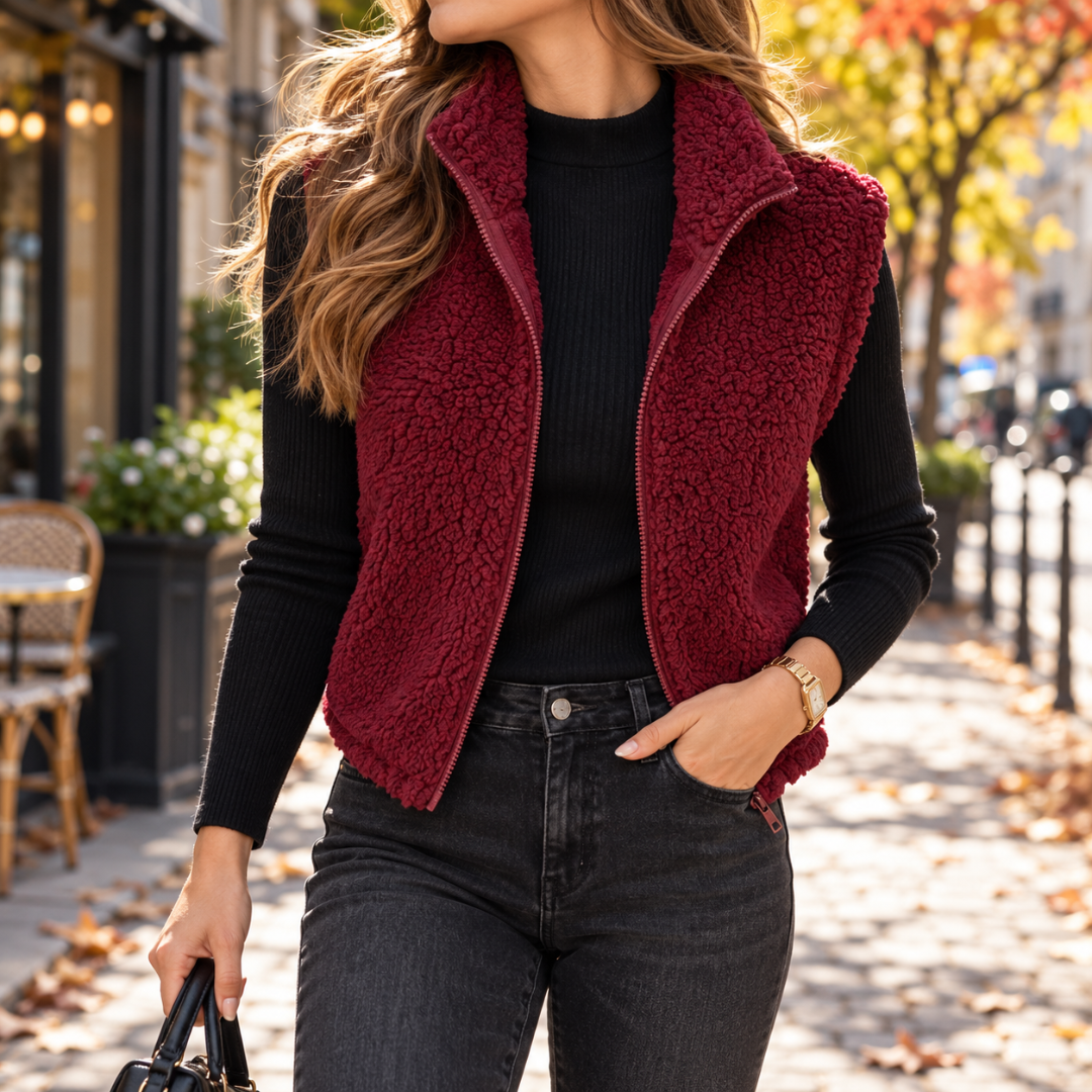 Gilet sans manches rouge profond à effet peluche, col montant et zip apparent