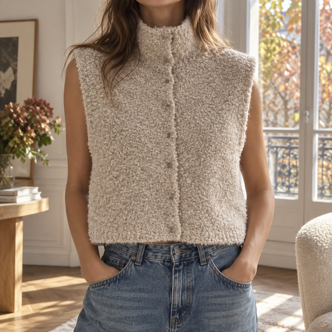 Gilet sans manches beige en maille bouclée, col montant et boutons devant