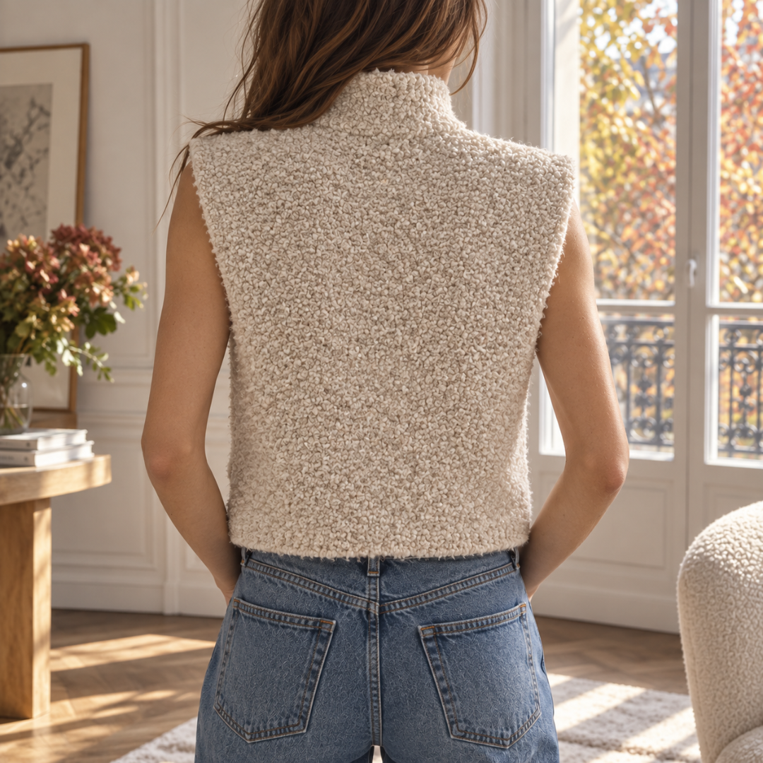 Dos du gilet sans manches beige en maille bouclée, col montant droit