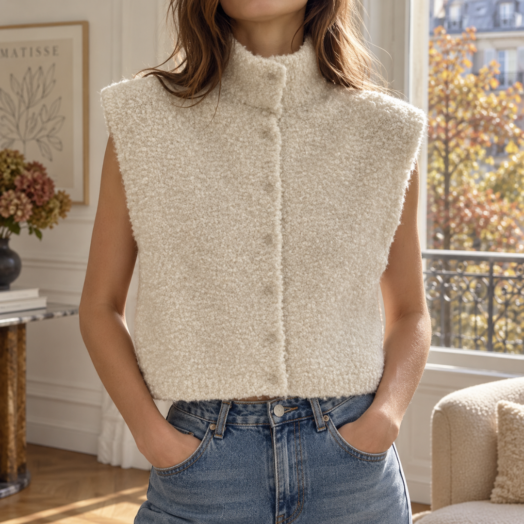 Gilet sans manches blanc en maille bouclée avec petits boutons devant