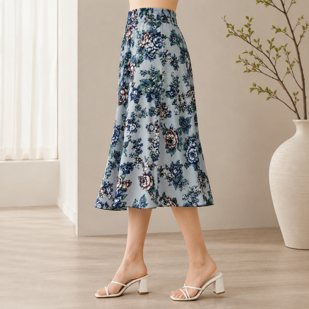 Jupe-culotte fleurie bleu clair, tombé fluide et ample, vue latérale