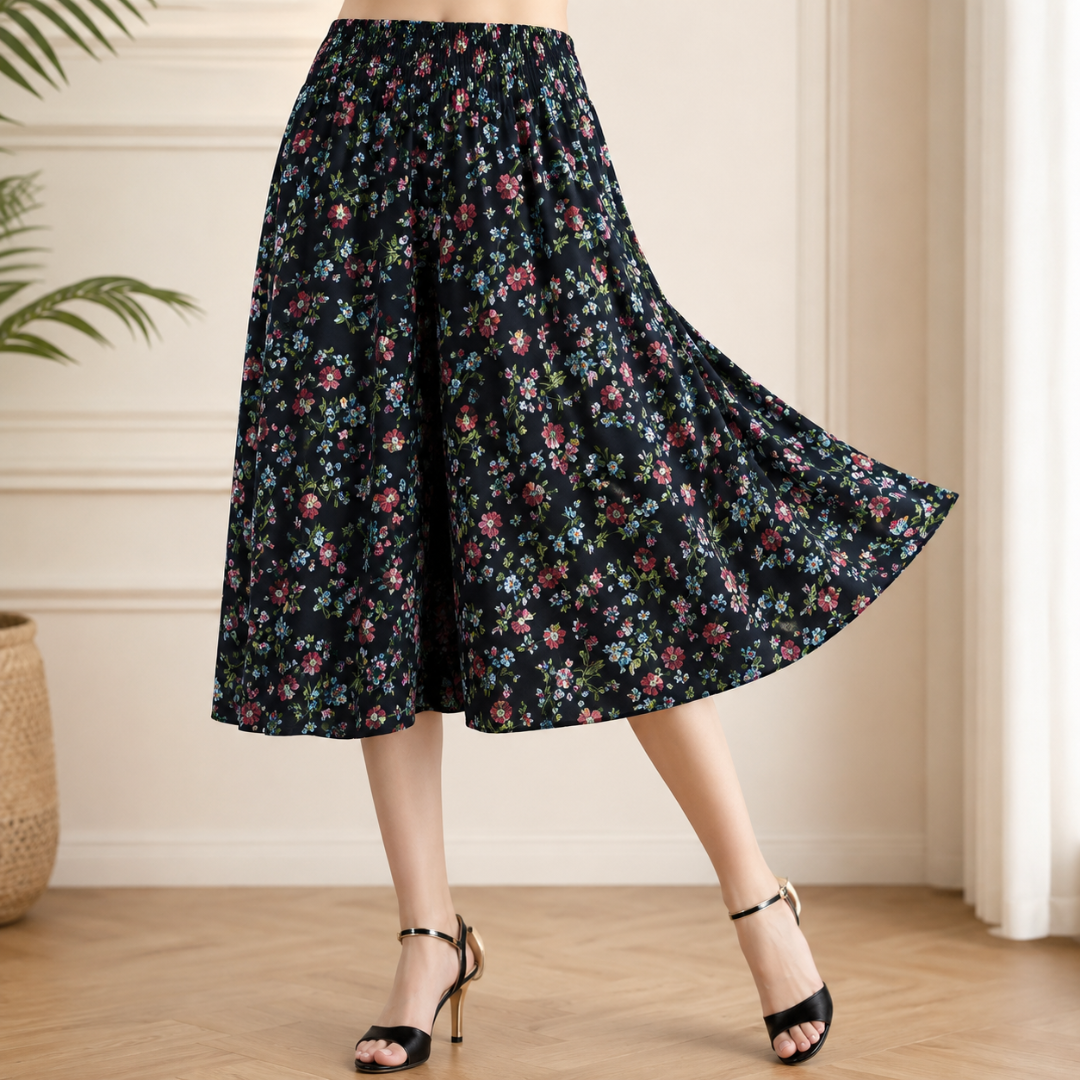 Jupe-culotte noire à petit imprimé floral multicolore, coupe ample virevoltante