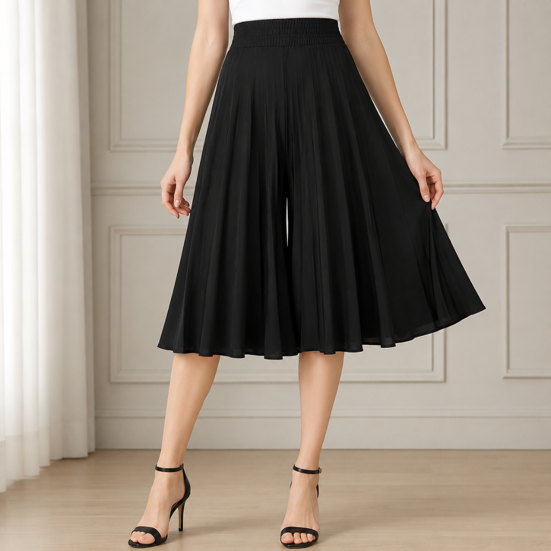 Jupe-culotte noire unie plissée, taille haute élastiquée, silhouette évasée