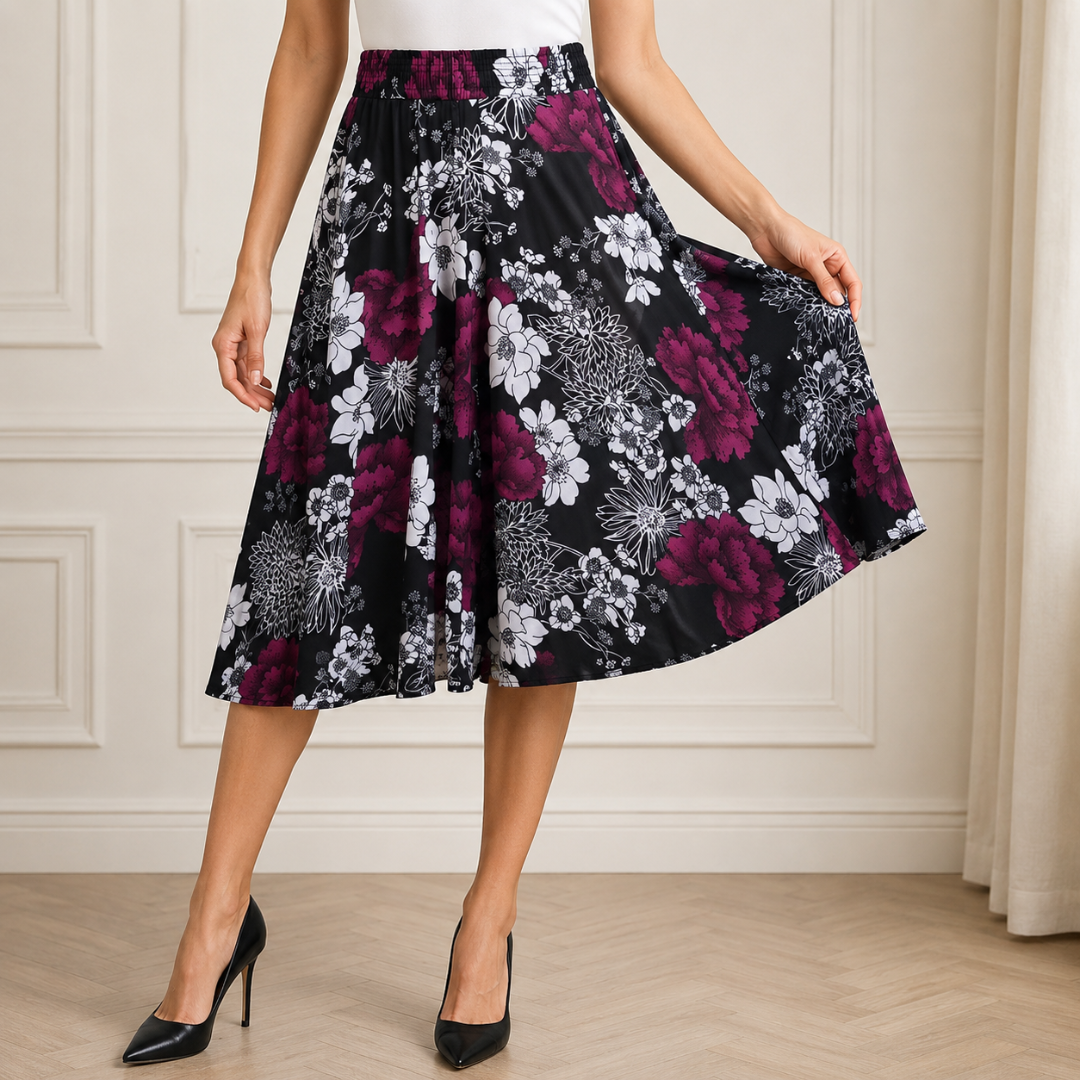Jupe-culotte noire à fleurs bordeaux et blanches, large coupe fluide