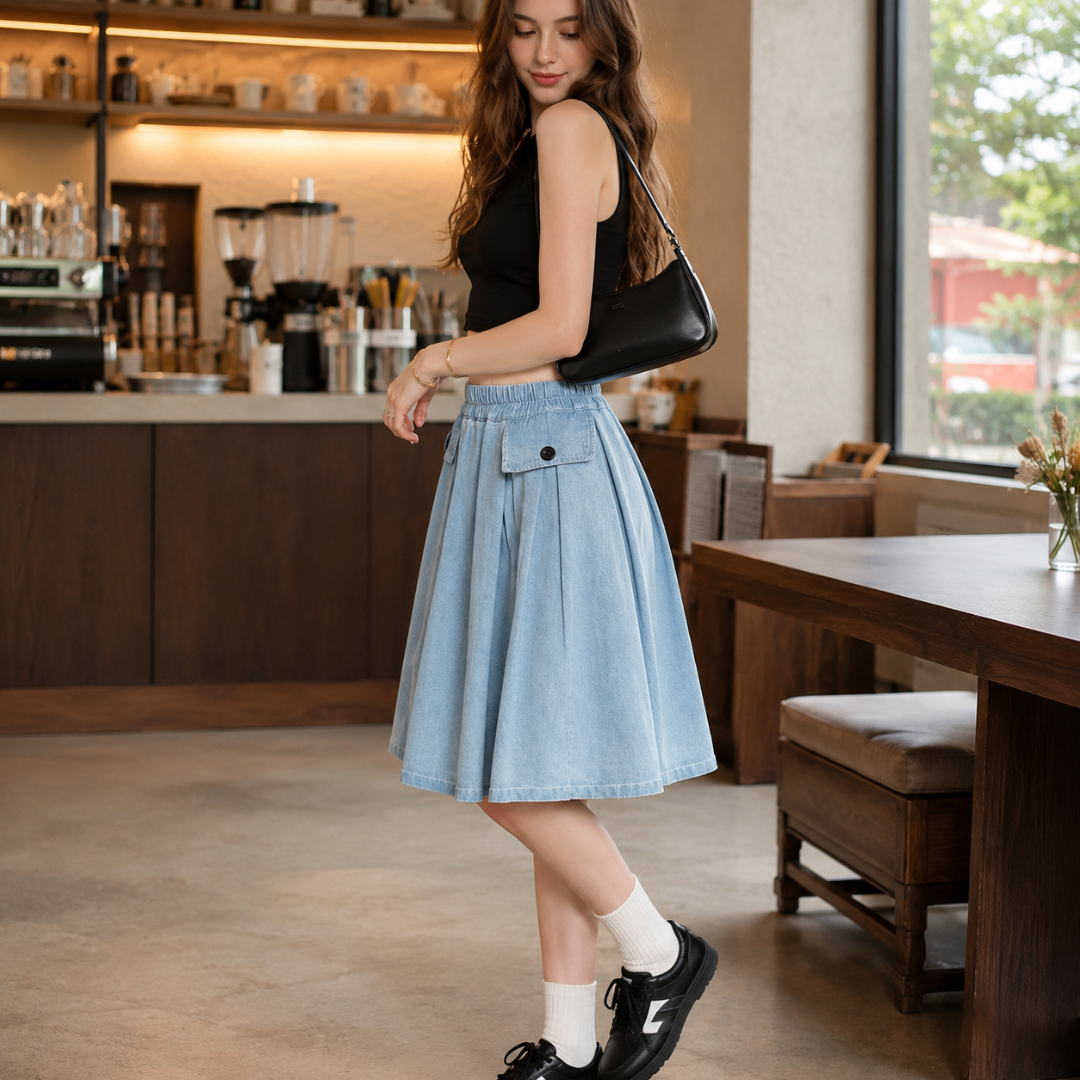 Jupe-culotte femme bleu clair de profil dévoilant la coupe évasée et les plis