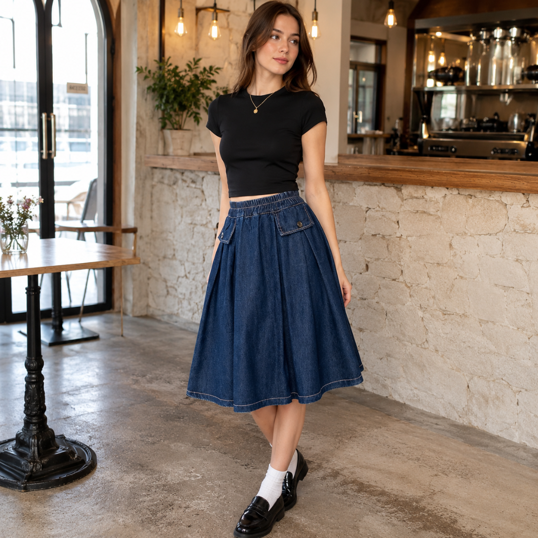 Jupe-culotte femme bleu foncé midi évasée portée avec un top noir ajusté