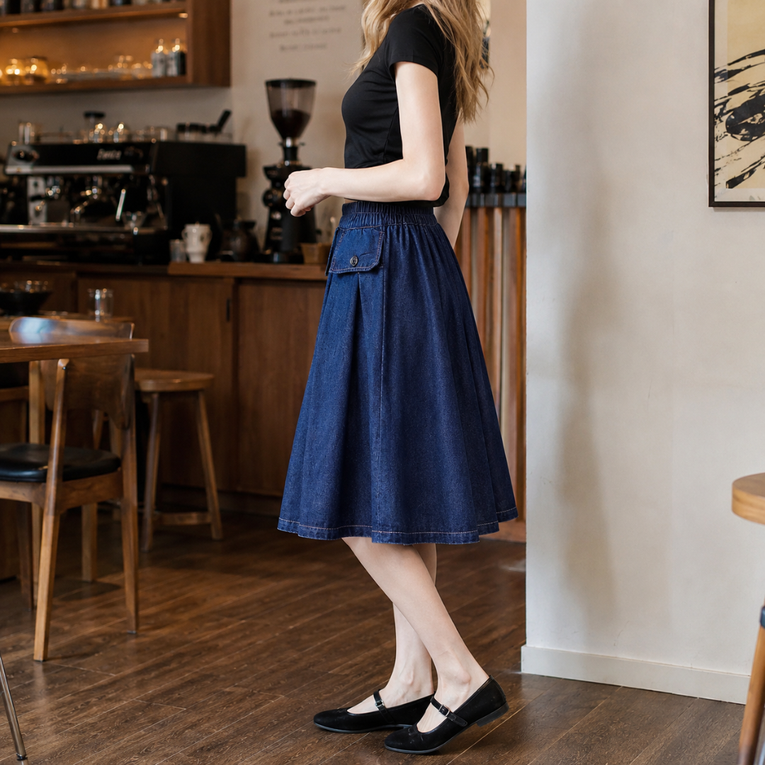 Jupe-culotte femme bleu foncé de profil montrant les plis souples et le tombé fluide
