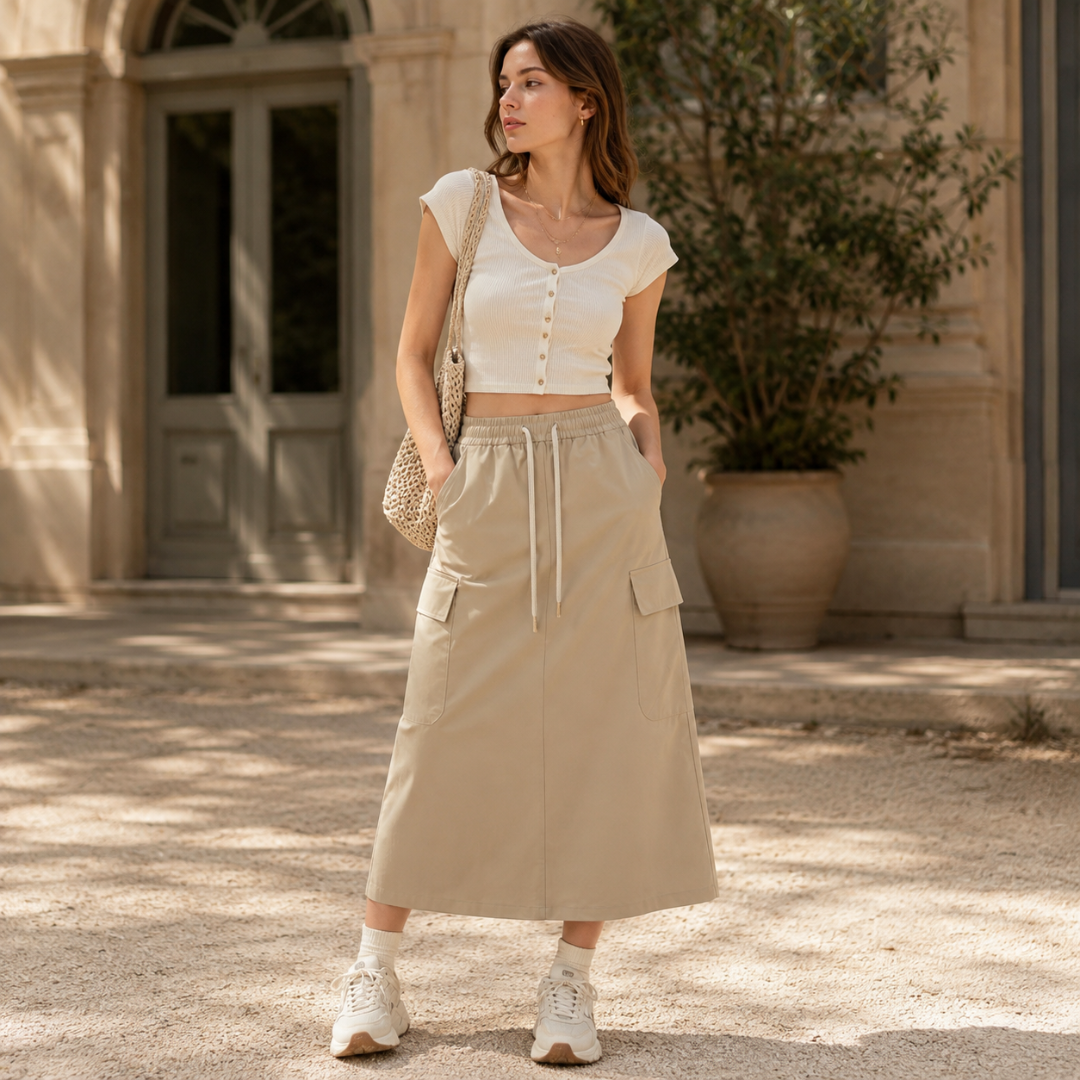 Jupe longue cargo beige avec poches à rabat, portée avec un haut court boutonné