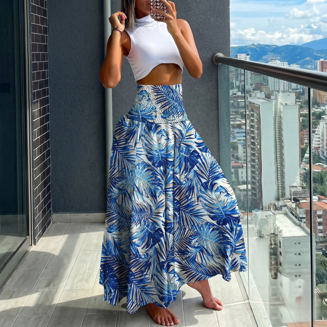 Jupe longue femme imprimé tropical bleu et blanc, coupe évasée, vue de face