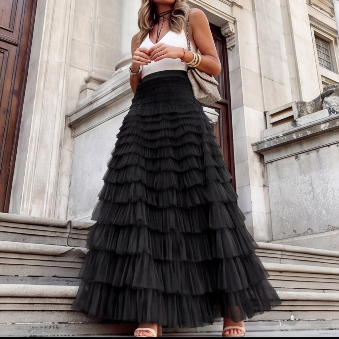Détail taille élastiquée jupe tulle noir évasée