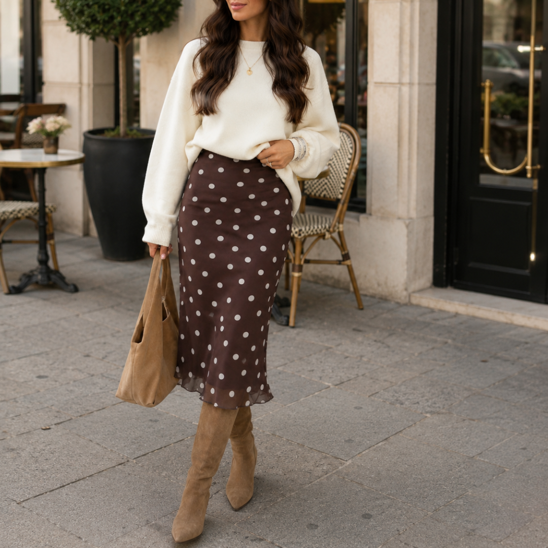 Jupe midi marron à pois portée en extérieur avec pull écru et sac