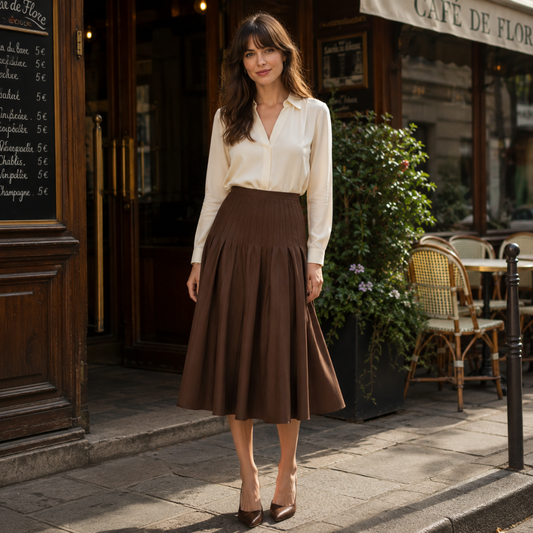 Jupe midi plissée marron portée avec chemise crème devant un café parisien