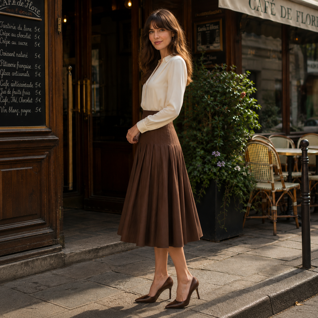 Vue de profil de la jupe marron, taille haute nervurée et base évasée
