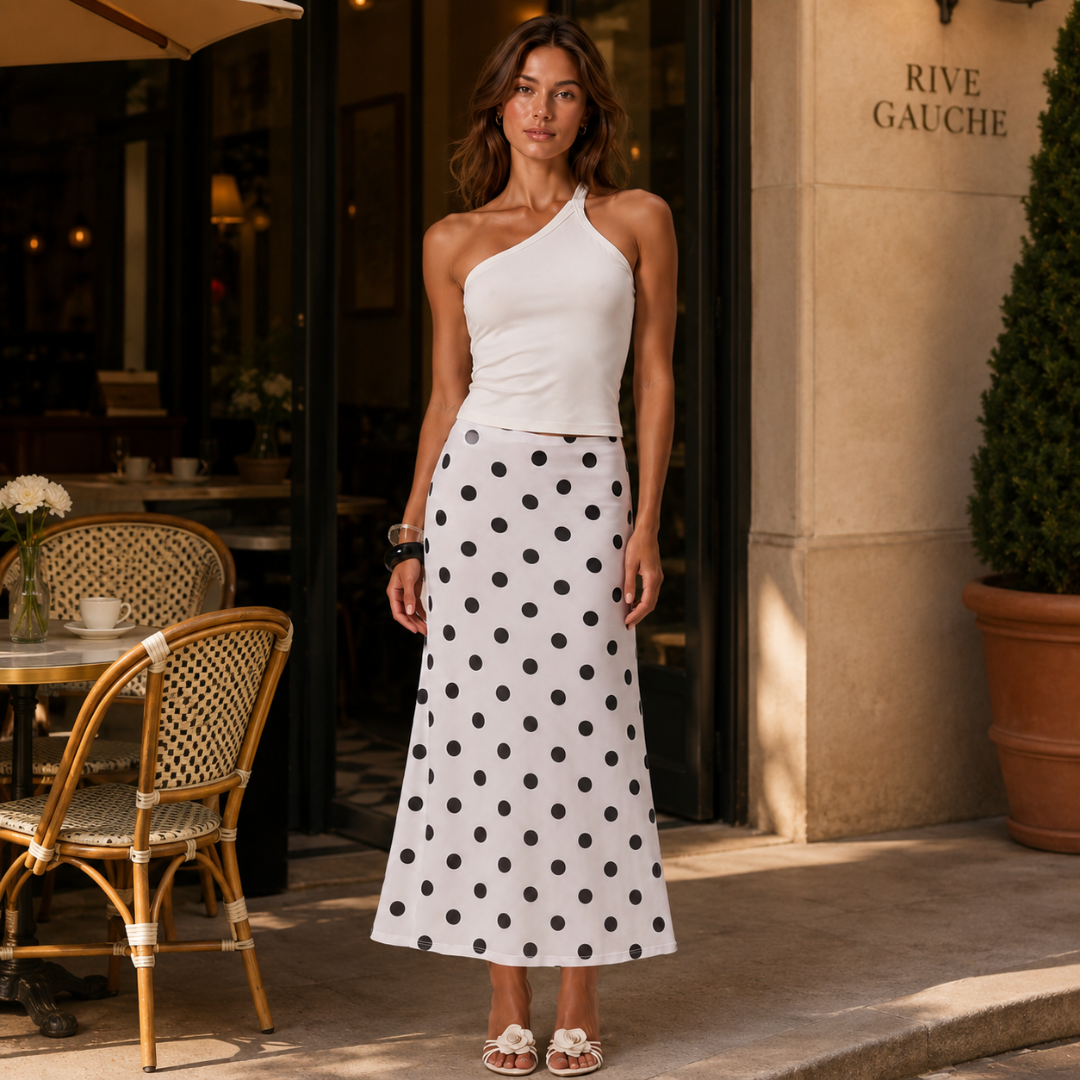 Jupe midi blanche à pois noirs portée avec un débardeur asymétrique en terrasse