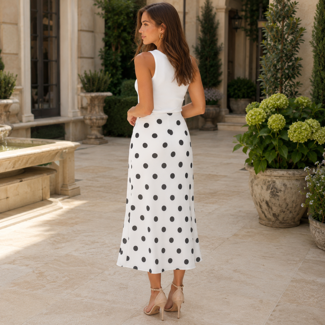 Jupe midi blanche à pois noirs vue de dos dans un patio ensoleillé