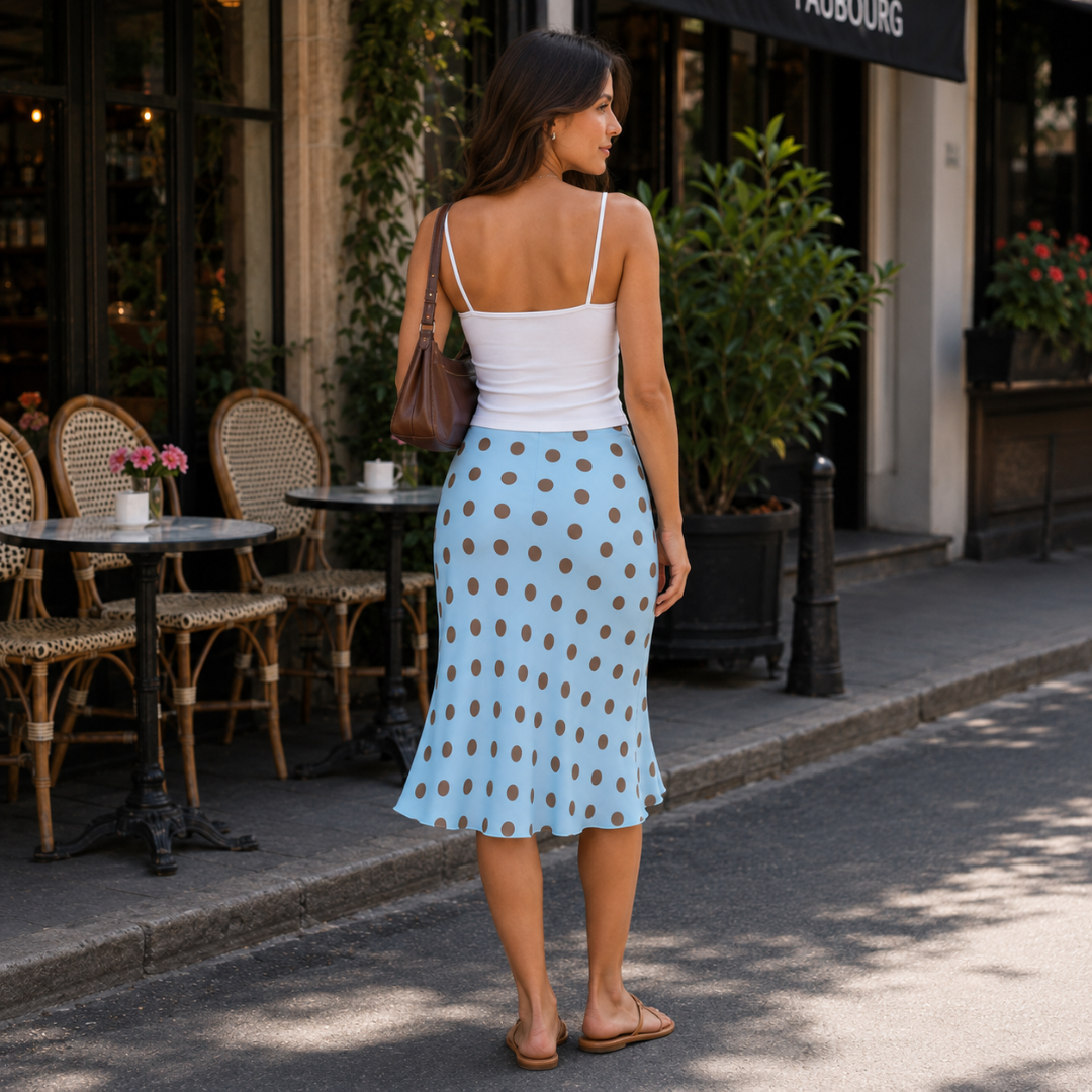 Dos de la jupe midi bleu clair à pois soulignant la taille haute