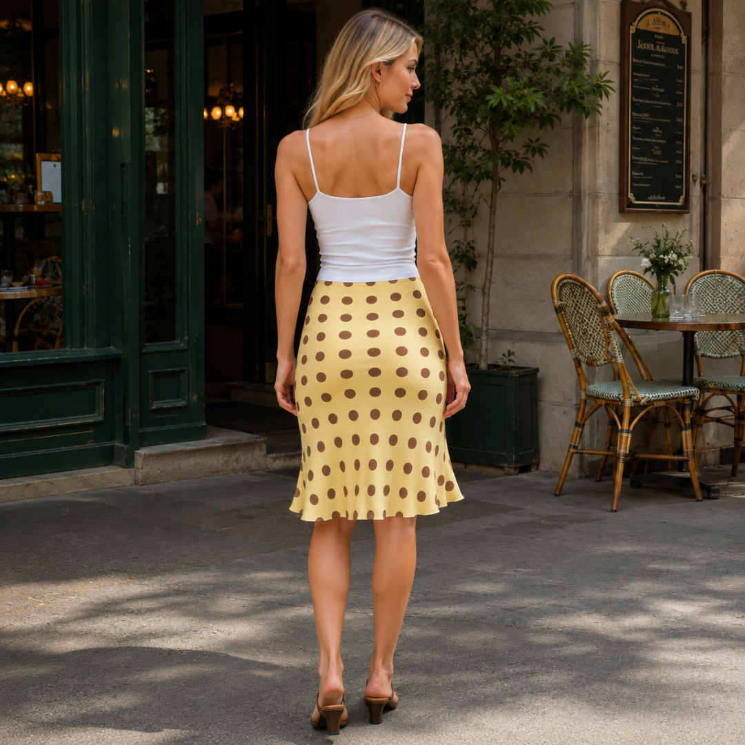 Dos de la jupe midi jaune à pois avec ourlet légèrement évasé