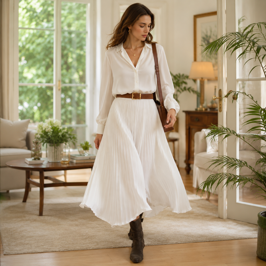 Jupe blanche plissée longue en mouvement, taille haute ceinturée, tombé aérien