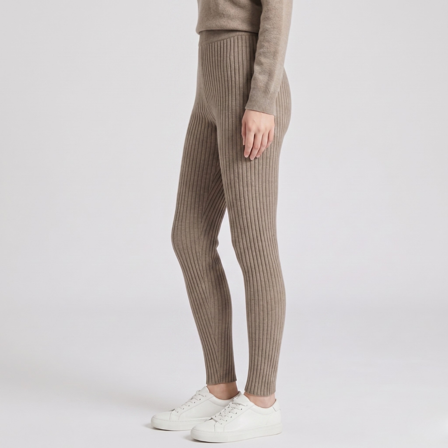 Legging femme côtelé beige vue de côté, longueur cheville
