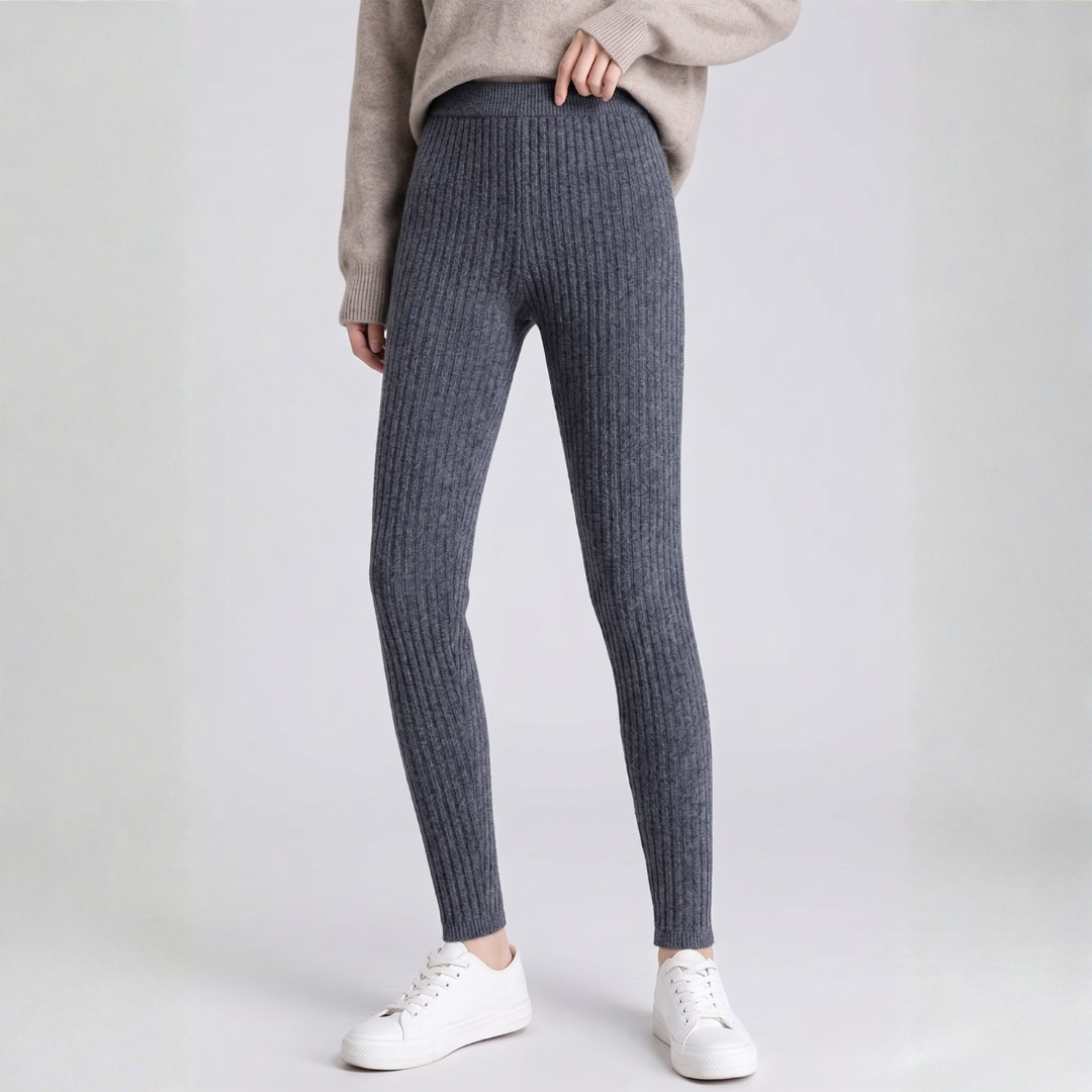 Legging femme côtelé gris, vue de face taille haute