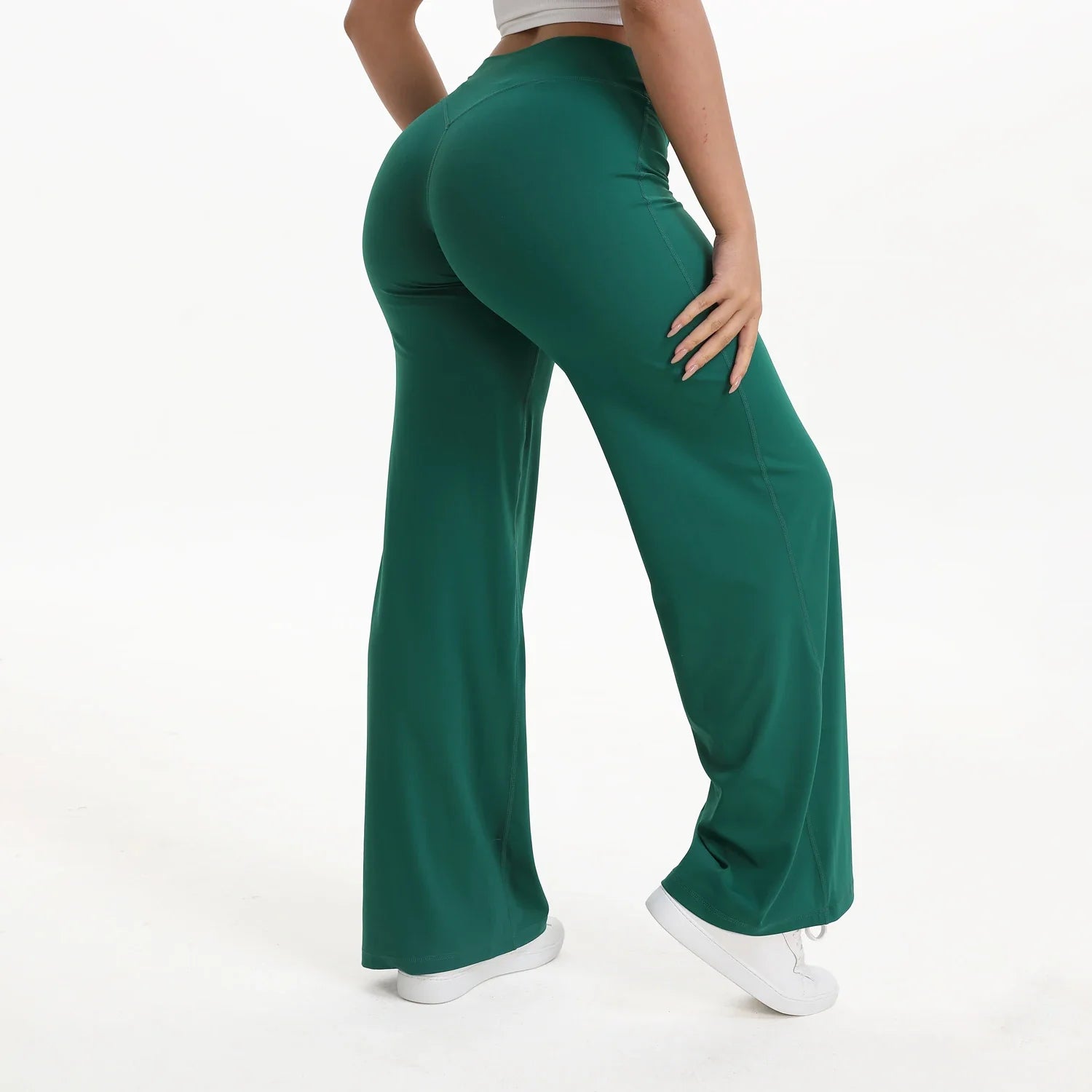 Legging femme évasé vert forêt taille haute, look sport
