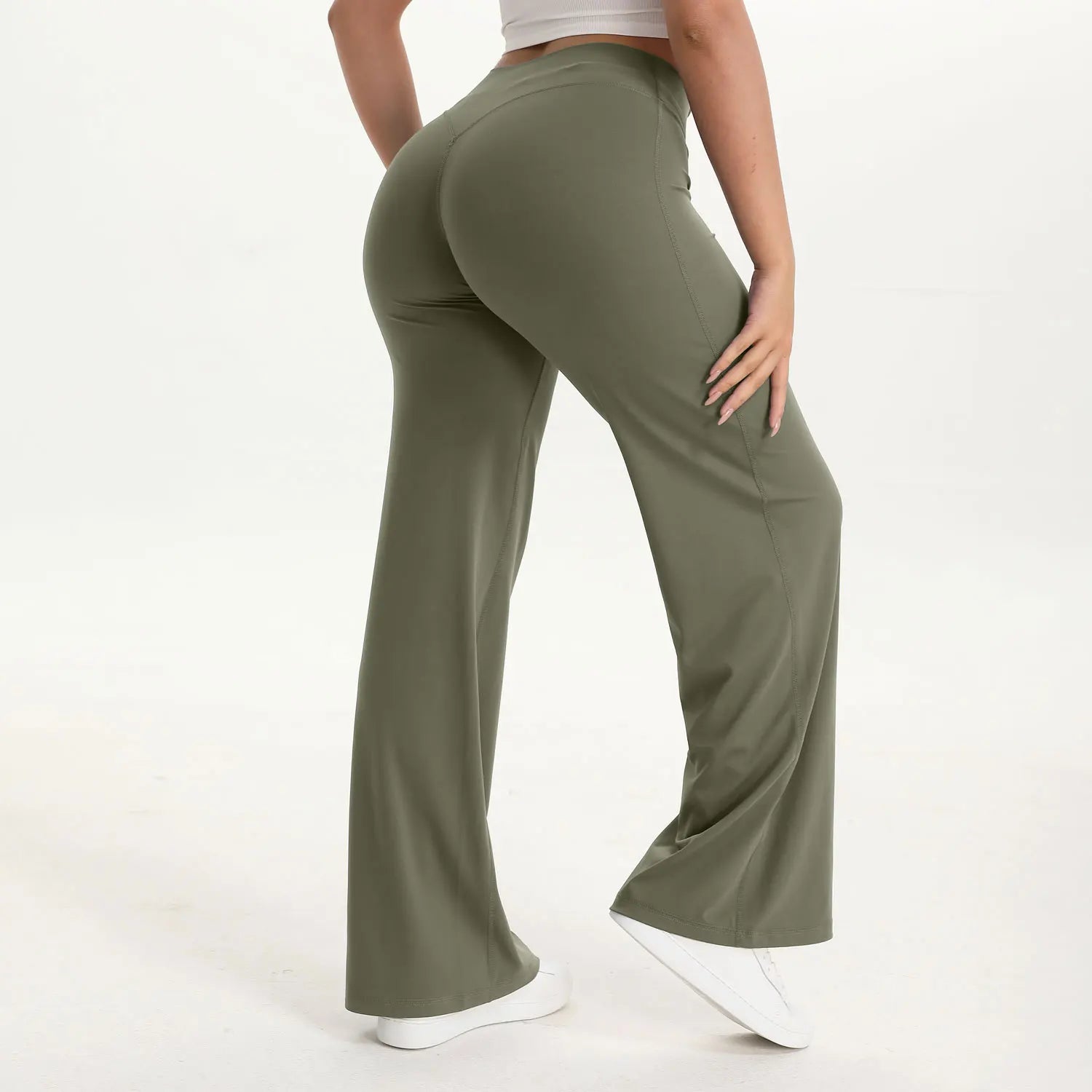 Legging flare vert olive taille haute, silhouette évasée