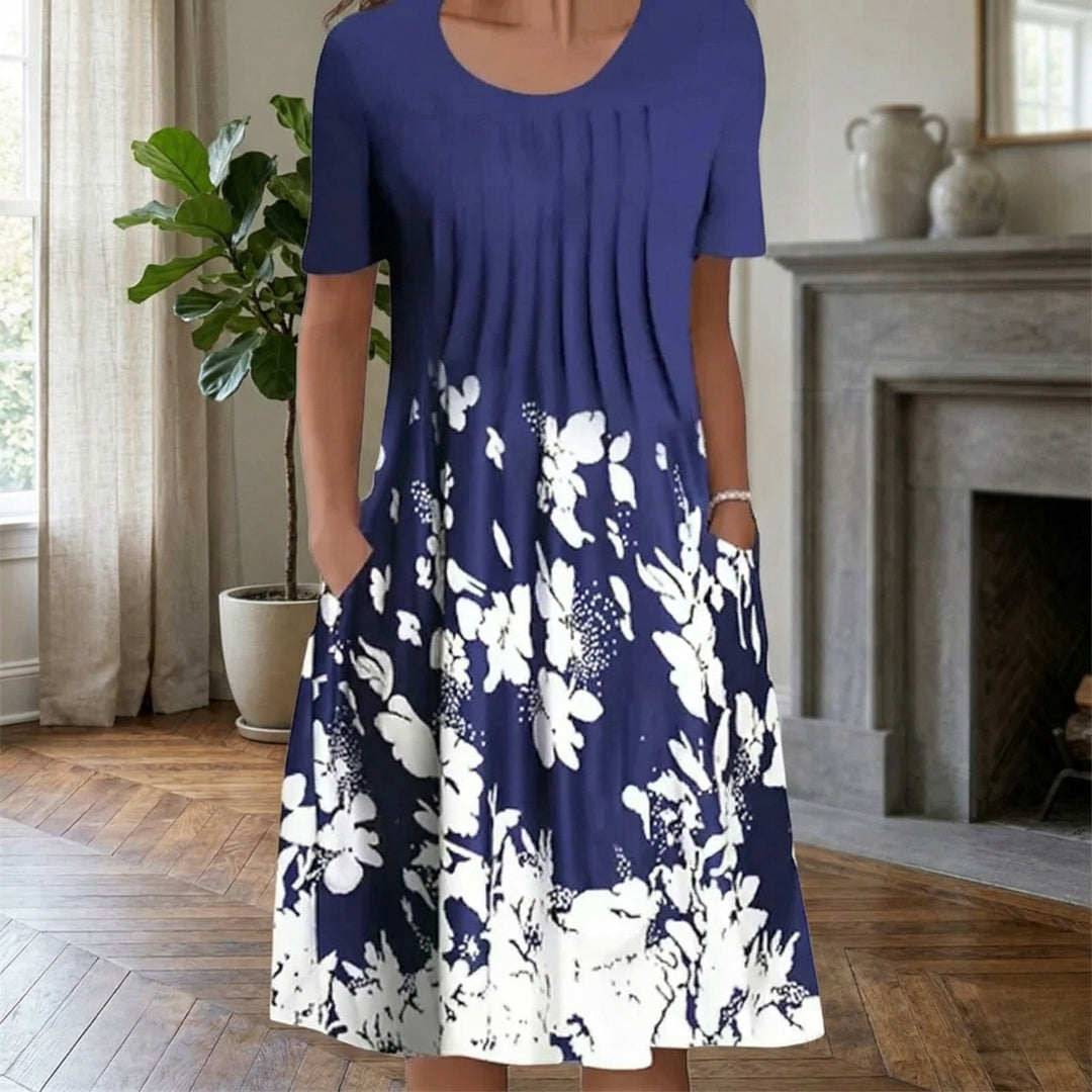 Robe Femme Mi-Longue Col Rond Manches Courtes Casual Imprimé Floral Bleu et Blanc | Éloïne