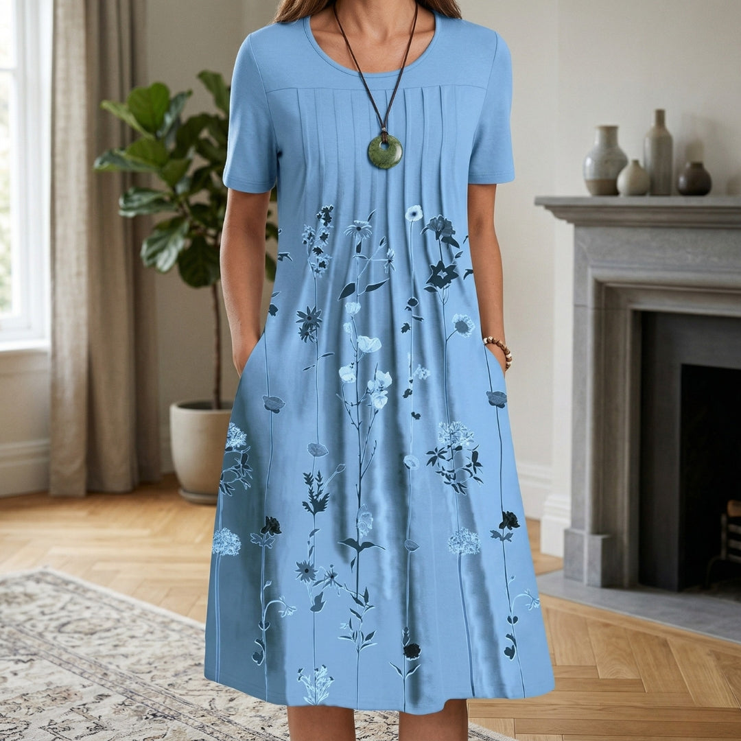 Robe Femme Mi-Longue Col Rond Manches Courtes Casual Imprimé Floral Bleu Clair | Éloïne