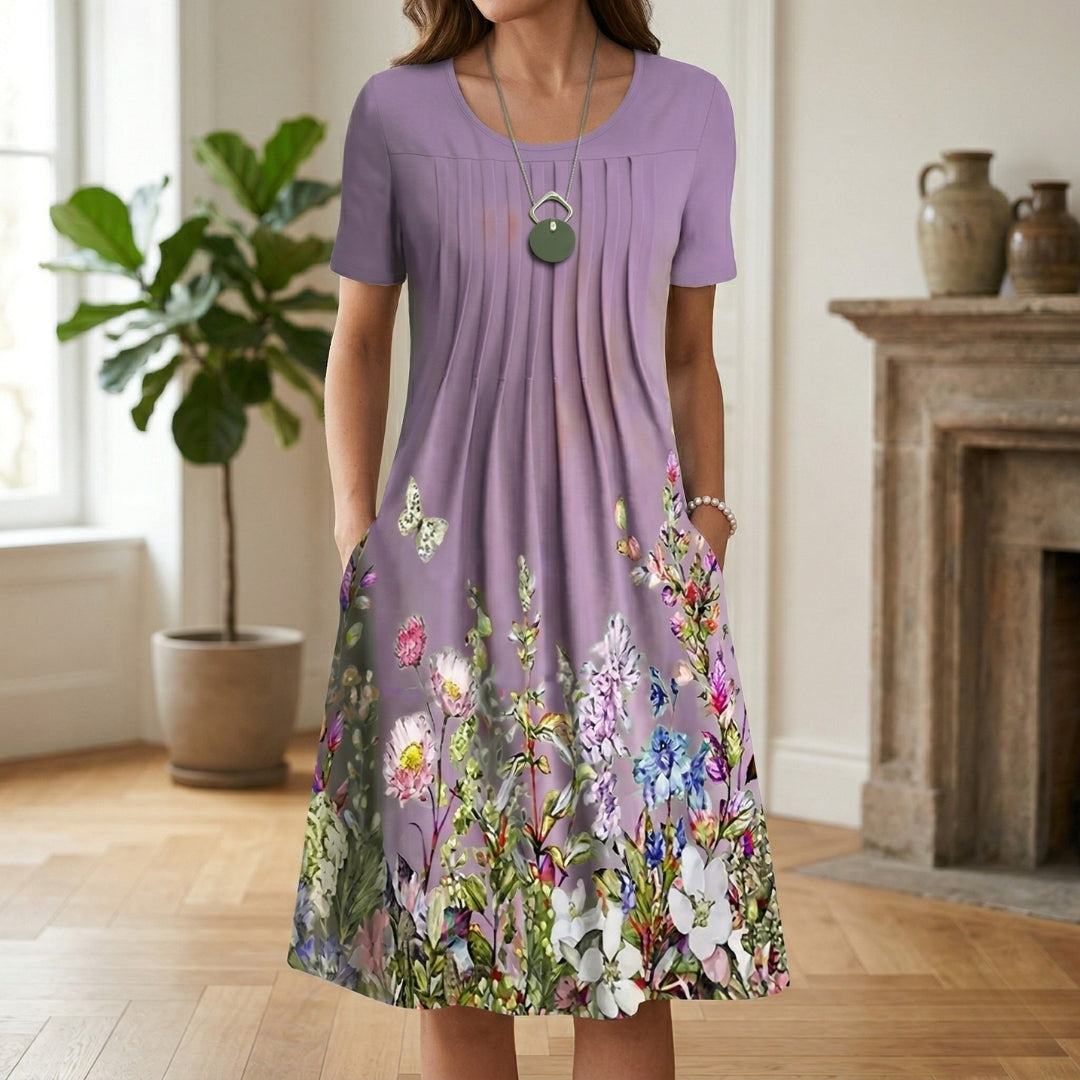 Robe Femme Mi-Longue Col Rond Manches Courtes Casual Imprimé Floral Violet | Éloïne