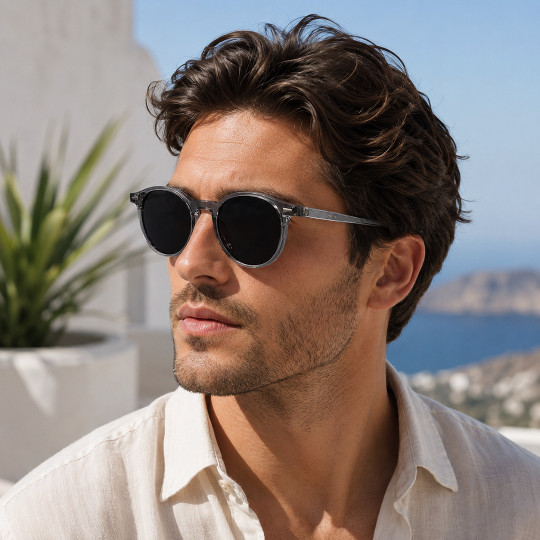 Homme portant des lunettes de soleil rondes à monture grise transparente, regard discret