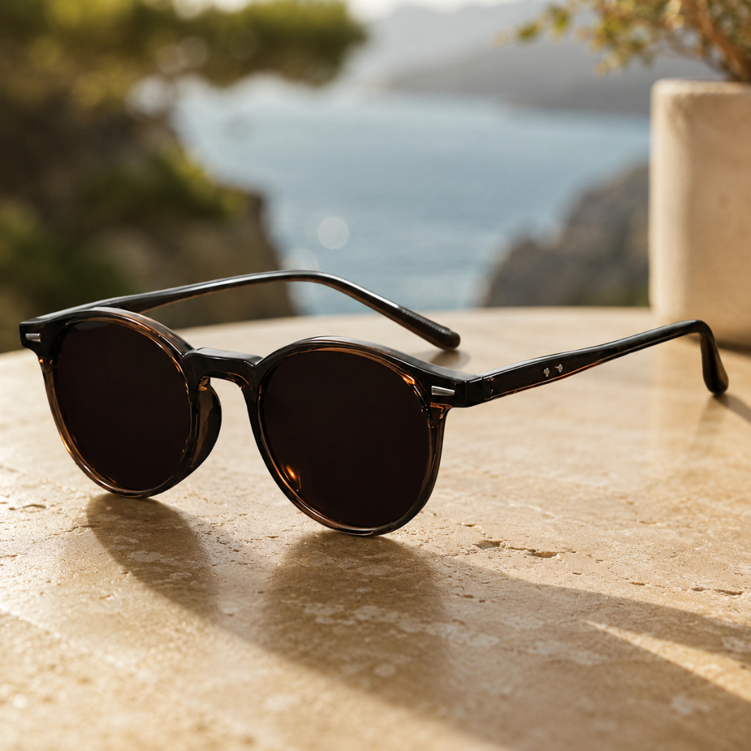 Lunettes de soleil rétro à monture marron sur fond de terrasse ensoleillée avec vue sur la mer