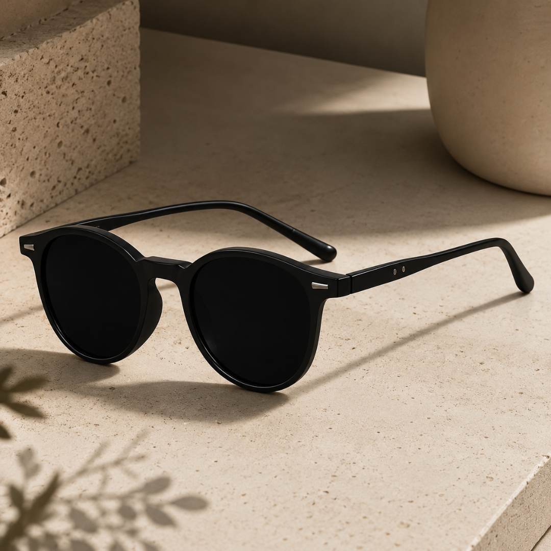Lunettes de soleil rondes noires repliées vues de côté, monture fine et légère