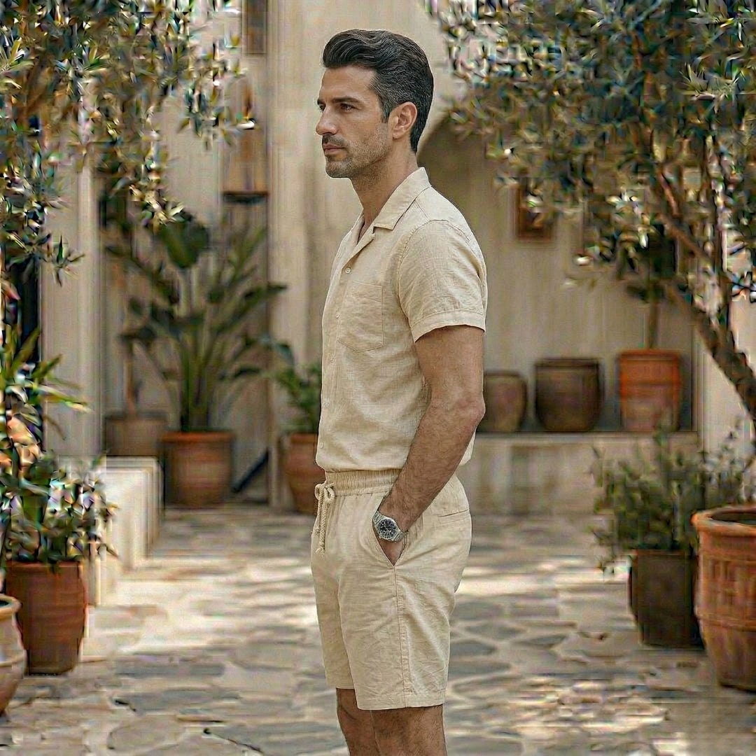 Chemise col cubain et short kaki décontractés, cordon de serrage à la taille