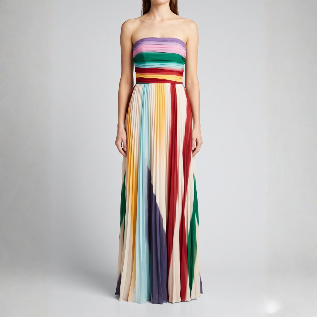Robe femme longue sans bretelles à rayures multicolores, style bohème été