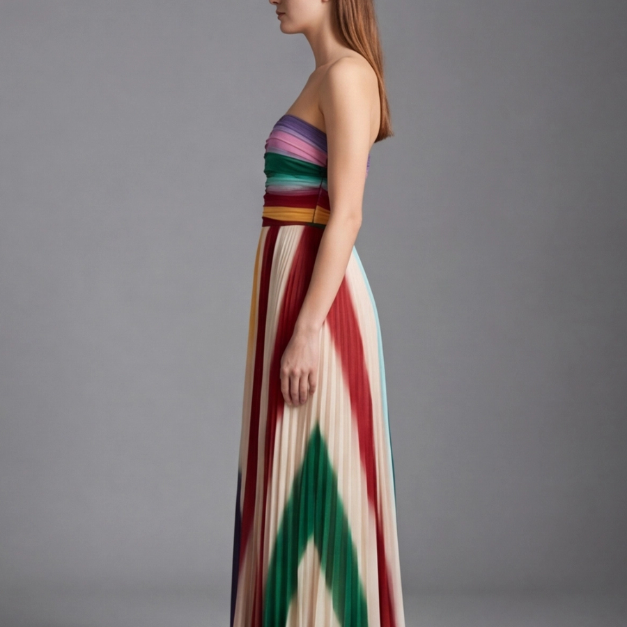 Robe longue multicolore sans bretelles, vue de face, coupe fluide été