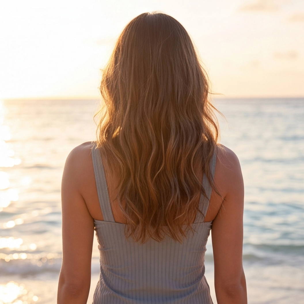 Vue de dos du tankini gris révélant le détail du dos croisé